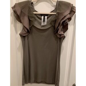 BCBGMaxAzria Women Top Brown Mirabelle Ruffle Shoulder Top Sz L